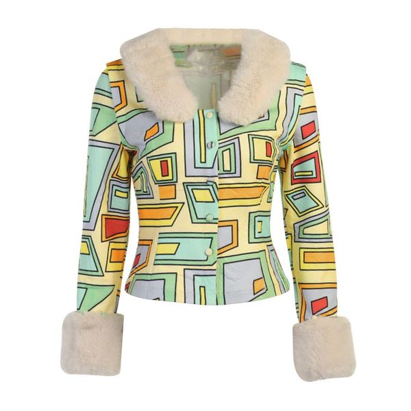 

women's jackets button down shirt coat, long sleeve geometric print with faux fur collar, Black;brown
