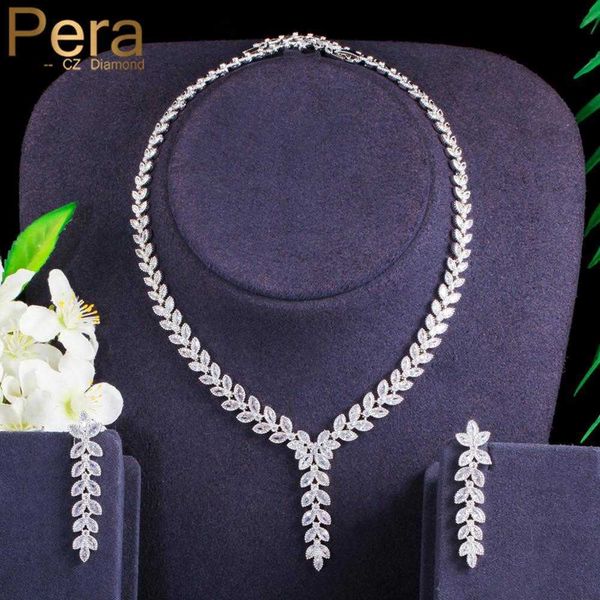 Pera Splendido lucido CZ cristallo argento colore lungo penzolante foglia orecchini pendenti collana set per gioielli da donna festa in costume J395 H1022