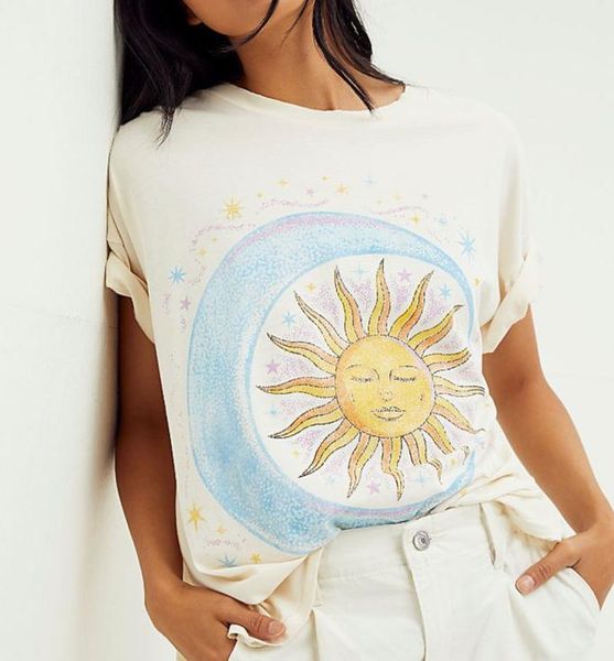 

women's t-shirt happie queens women boho tees short sleeve sun and moon vintage t shirt, White