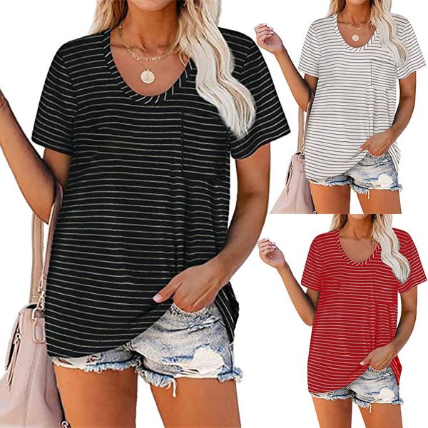 

2021 summer new t-shirt women's pullover loose stripe round neck pocket short sleeve t-shirt, White