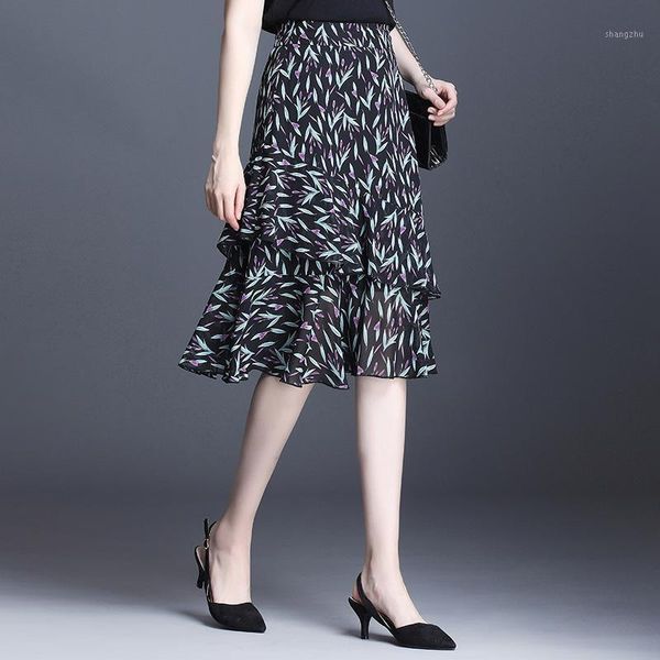 

skirts 2021summer retro floral chiffon skirt high waist slim simple plus size all-match casual women a-line long, Black