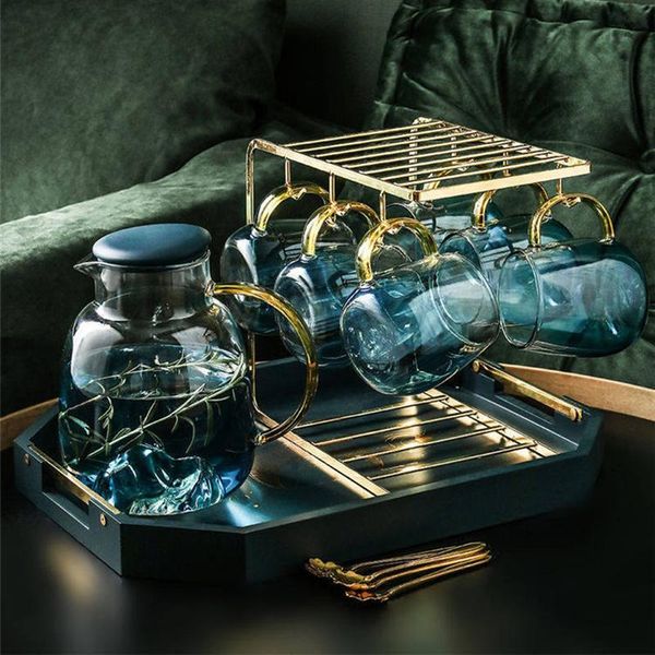 

luxurious glass cold water jug set juice kettle teapot with holder tray transparent large capacity heat resistant pot pitcher wine glasses
