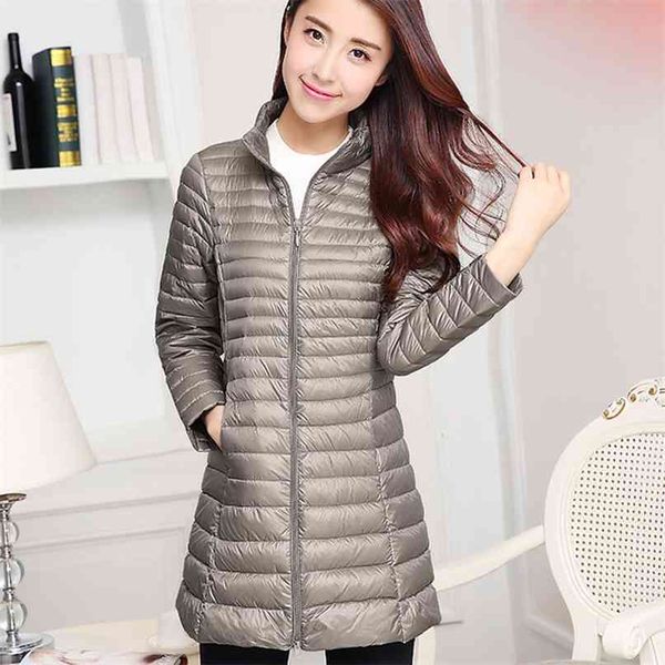 Herbst Winter Frauen Weiße Ente Daunenjacke Weibliche Ultraleichte Dünne Dünne Reißverschluss Warme Feder Lange Mantel Gute Qualität 4XL 210923