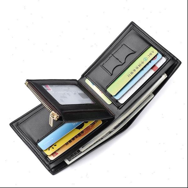 

mens pu leather wallet business multi card zipper coin purse credit holder two fold casual pure color short, Red;black