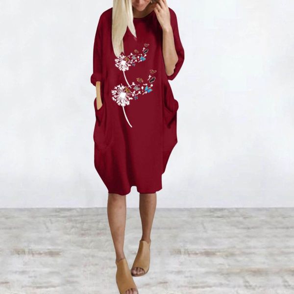

casual dresses dandelion printing dress for women long sleeve loose o neck pocket 2021 fall vestido verano mujer, Black;gray