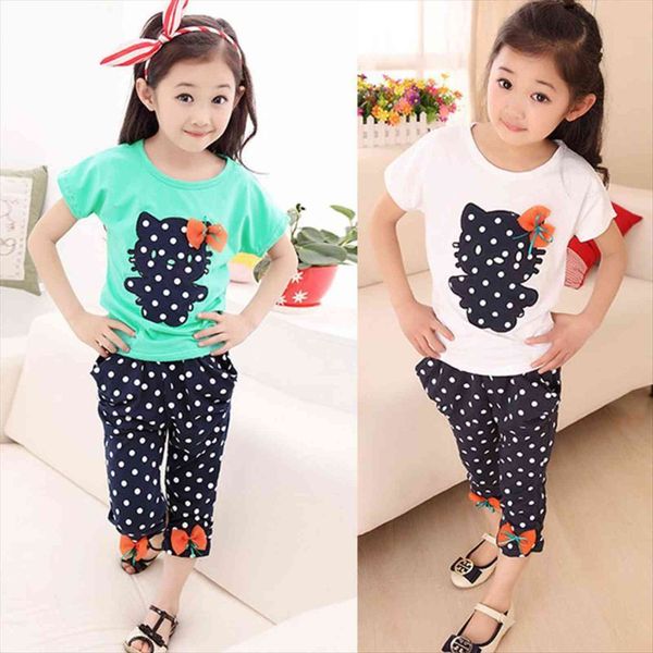 

girl clothes cartoon print short sleeved t shirt sweatshirt half length pants two piece bow accessories child quality clothing, White