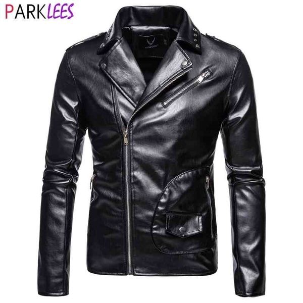 

classic motorcycle leather jacket men slim fit oblique zipper rivet punk style faux leather jacket coat men chaqueta moto hombre 210522, Black