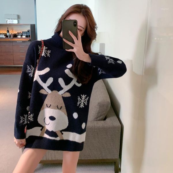 

christmas deer high-necked sweater women lazy autumn winter 2021 loose long sleeves korean easy matching pullover knit shirt women's, White;black
