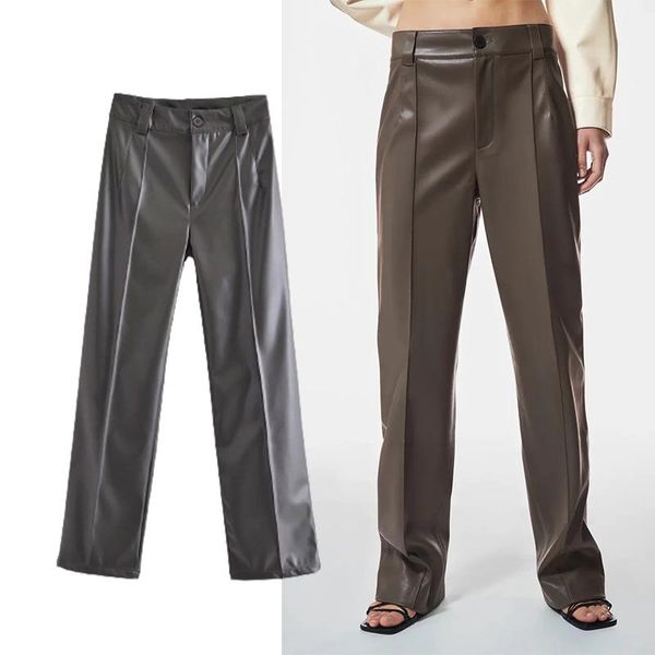 

women's pants & capris traf za women 2021fashion weekend faux solid color leather vintage high waist lacing straight female casual trou, Black;white