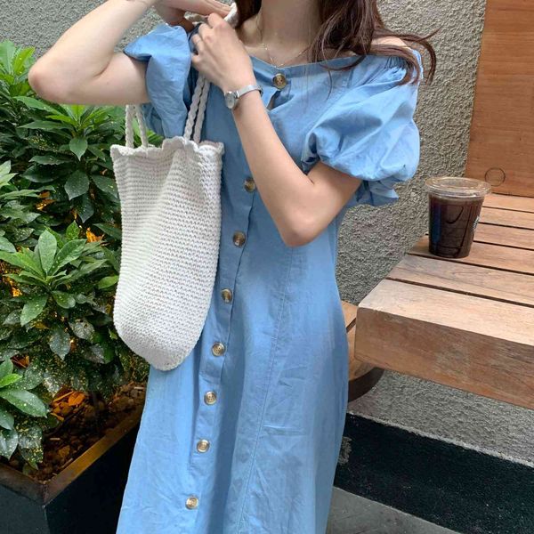 

sweet off shoulder hubble-bubble sleeve design bull-puncher dress women summer vintage dresses 210427, Black;gray