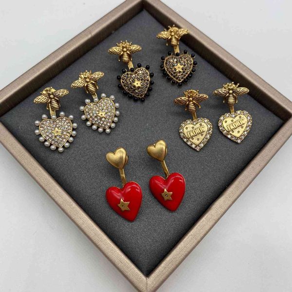 

70% off luxury jewelry family's same bee red peach heart love earrings high-grade back hanging style show temperament earrings, Golden