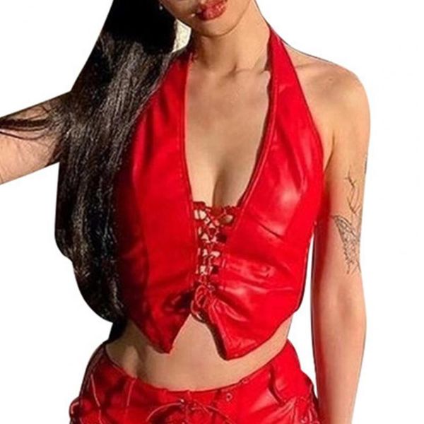 

women's tanks & camis women halter vest 2021 summer fashion lace up cardigan slim faux leather blouse party ladies camisole top, White