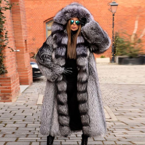 

women's fur & faux fashion long real coat for women winter outwear 2021 whole skin genuine silver coats with hood thick warm outfit, Black