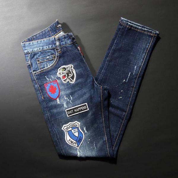 

men's jeans street fashion men retro blue slim fit ripped italian style patches designer hip hop denim pants