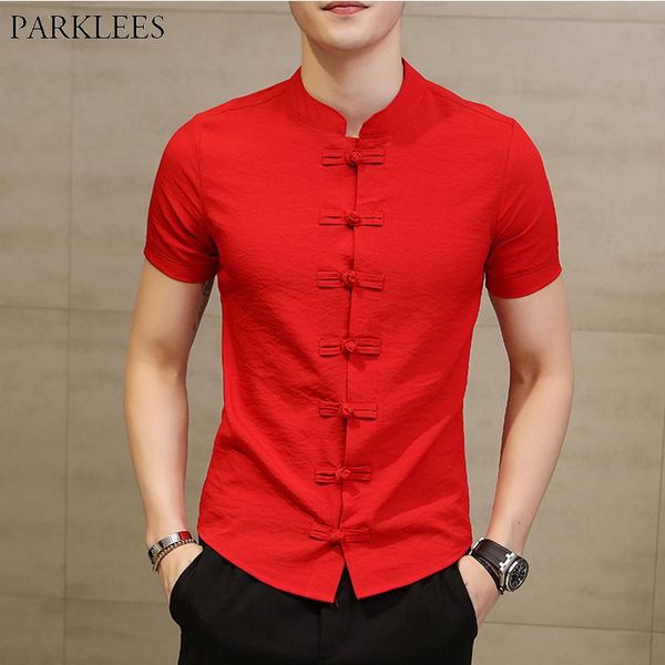 

men's casual shirts red chinese triditional shirt for men brand mandarin collar slim fit short sleeve linen mens vintage tang, White;black