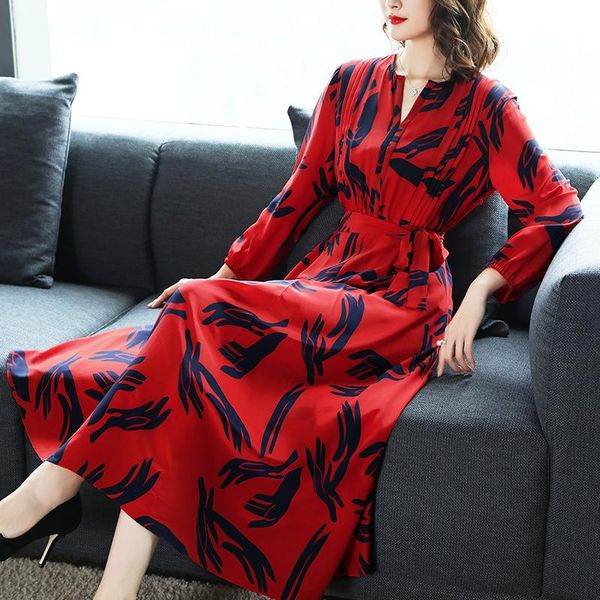

casual dresses fashion 100% silk dress woman floral midi female elegant for women long sleeve spring autumn 2021 vestidos pph3181, Black;gray