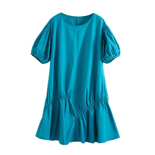 

women blue dress o neck drawstring short sleeve mini loose d1050 210514, Black;gray