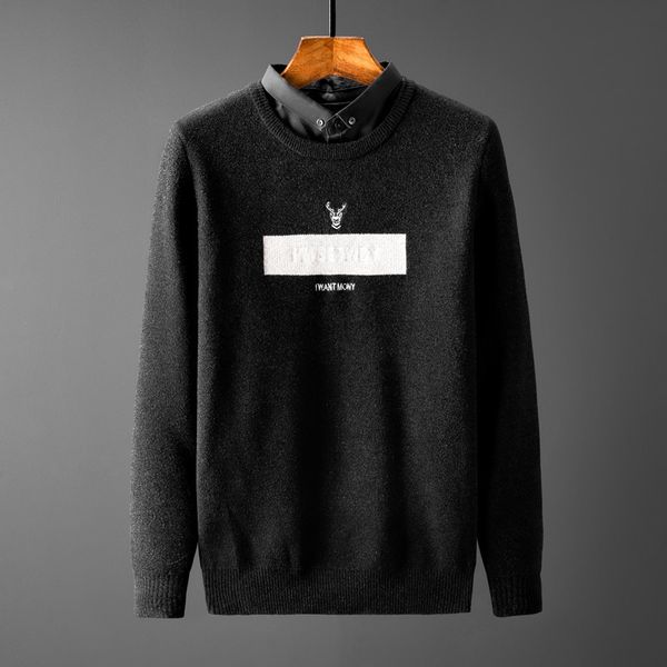 

sweater knit 2021 spring and autumn fake two piece men's pullover shirt fashion trend embroidery casual men 14, White;black