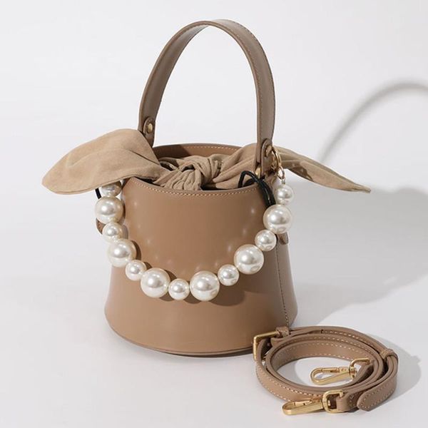 

evening bags genuine leather bucket bag women cow shoulder designer handbag pearl chain ladies messenger