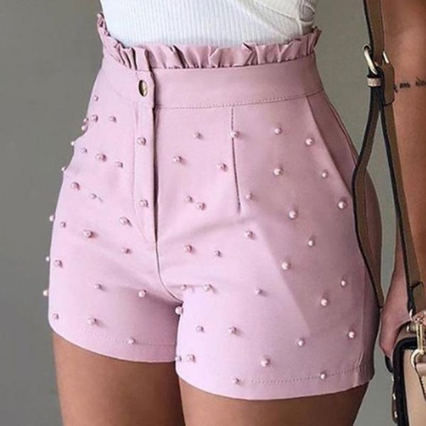 

women's shorts women summer high waist ladies beading ruffle casual pantalones cortos de mujer, White;black
