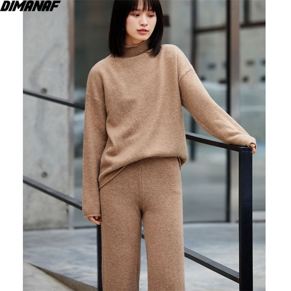 

women sets sweaters long sleeve casual female knitting pullover turtleneck pockets pants suit solid 210531, White