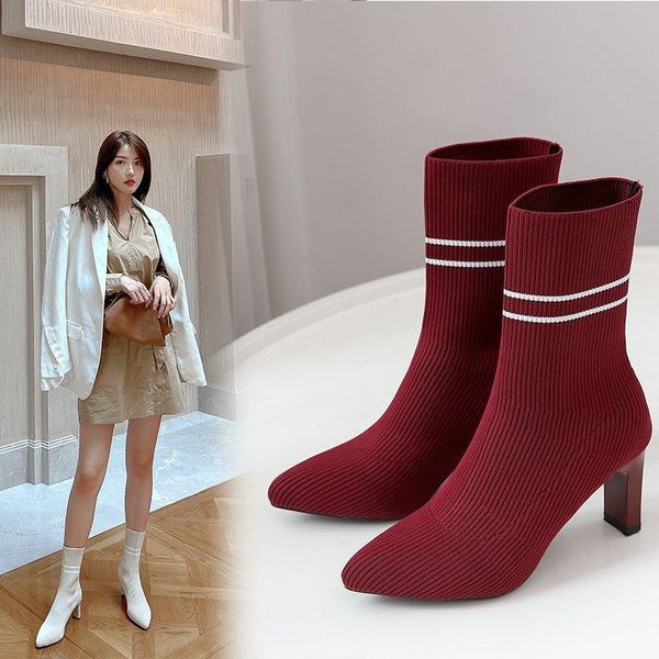 

boots comfort fashion short high heels knitting shoes woman thin botas mujer stretch knit socks women ankle, Black