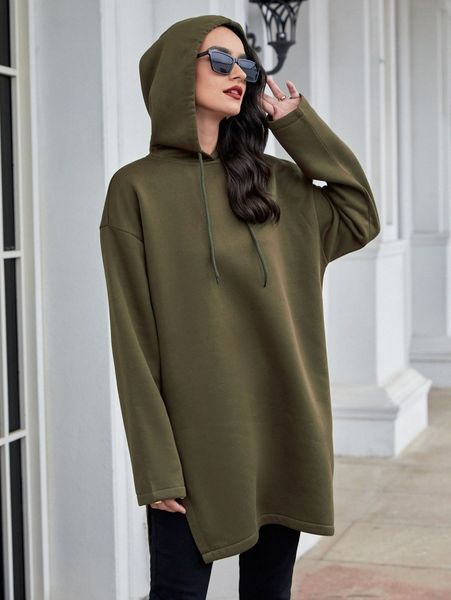 

solid drawstring split drop shoulder hoodie l0pu#, White;black