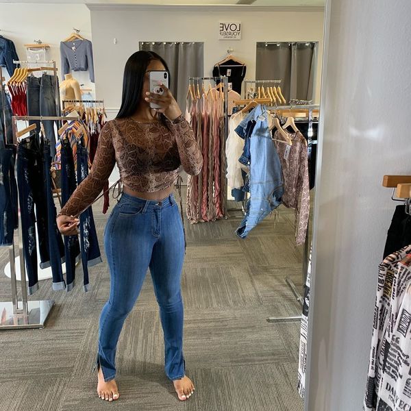 

anjamanor side split skinny jeans for women fall 2021 black blue high waisted er stretchy denim pencil pants d22-ci50