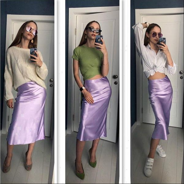 

high waisted summer long women skirt solid purple satin silk elegant office skirts midi spring clothes jupe vintage punk, Black