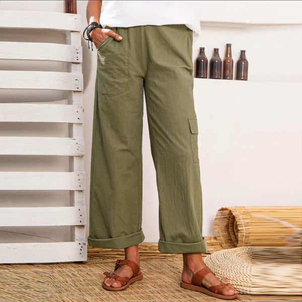 

women's pants & capris women fashion trousers linen multi-pockets solid casual loose long overalls slimming straight pant, Black;white