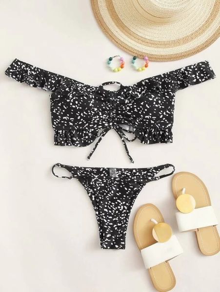 

all ruffle over printed swimsuit split bikini, Black;white