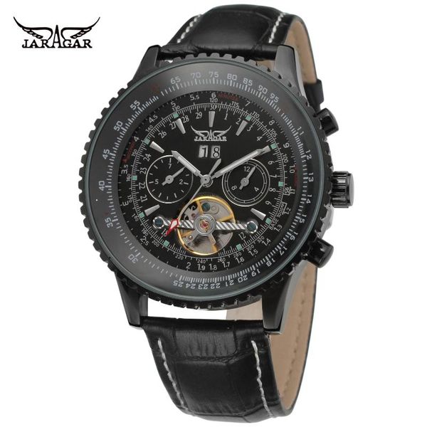 

wristwatches jaragar tourbillon watch for men mechanical classic mens watches leather strap calendar clock, Slivery;brown
