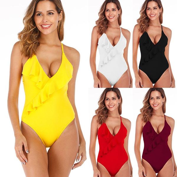 

swimsuit women bikini european and american selling ruffled one-piece solid color women's swimsuits biquini swimwear suits