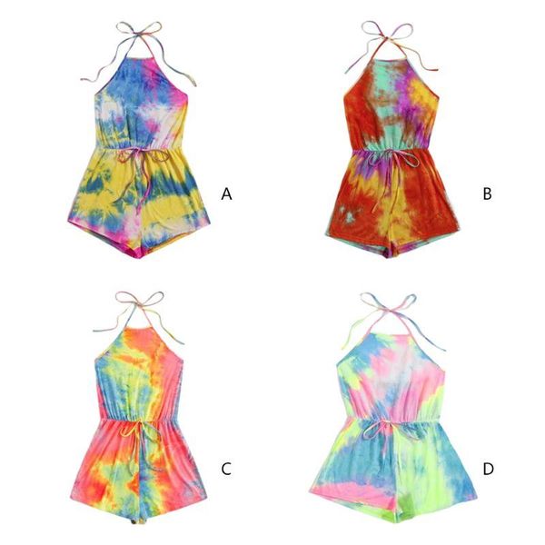 

women's jumpsuits & rompers women summer halter sleeveless short jumpsuit multicolored tie-dye printed cami backless drawstring waist p, Black;white