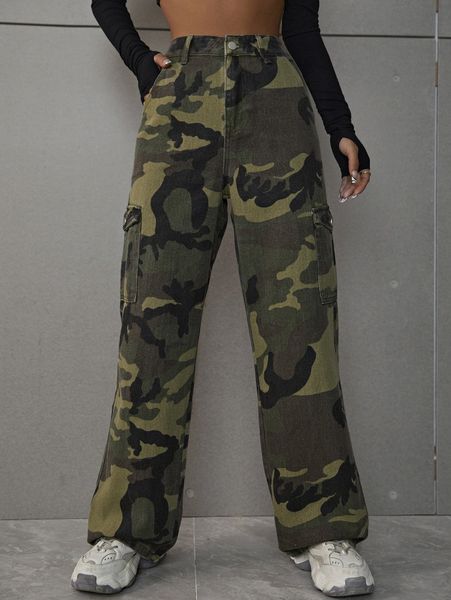 

camo print flap pocket boyfriend jeans o76g#, Blue