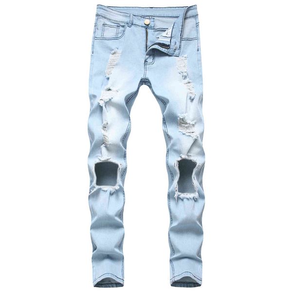 

men's jeans holed elastic foot zipper fashion holed men's jeans, Blue