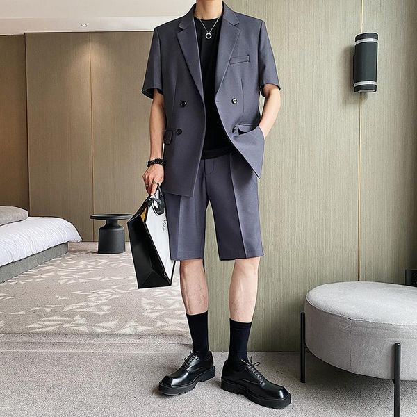 

men's suits & blazers summer double breasted short sleeve men korean fashion streetwear casual loose blazer jacket suit coat for male, White;black