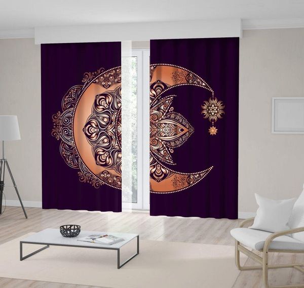 

curtain & drapes golden crescent moon and sun mandala mstrology magic symbol floral art printed purple brown