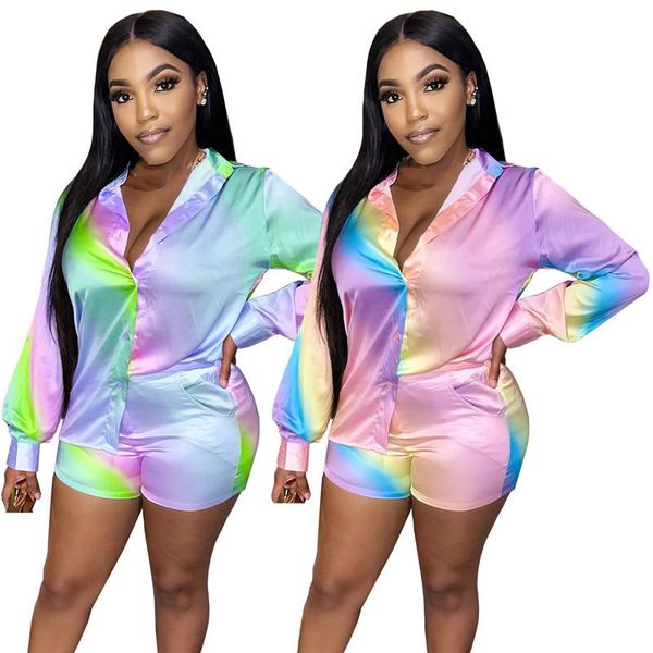 

women's tracksuits wuhe faux silk changing color two piece set long sleeve shirt and shorts women autumn suit casual outfits, Gray