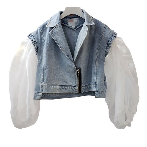

summer daliy fashion women minimalist lapel long puff sleeve loose blue denim spliced mesh short jacket vacaation 16f1380 210510, Black;brown