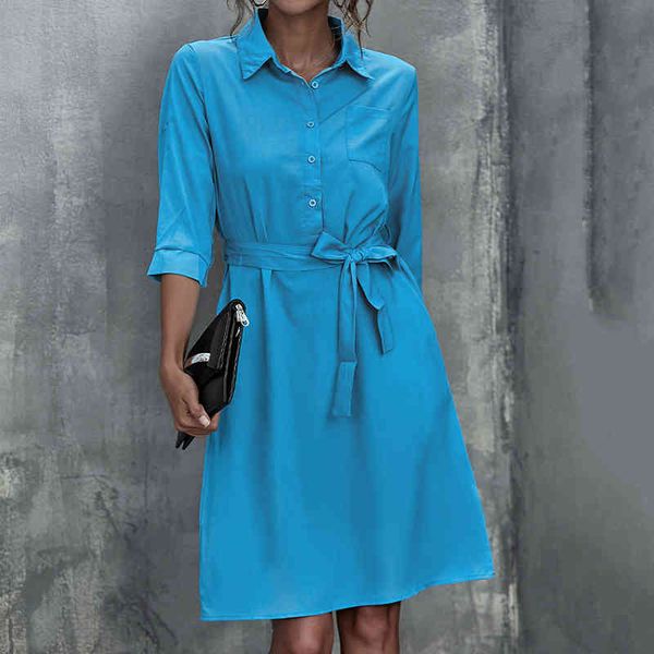 Mode Herbst Hemd blaue Tasche Kleid Winter Dreiviertelärmel Bund Einfarbig A-Linie Kleid Damen Vestido Kleid 210514