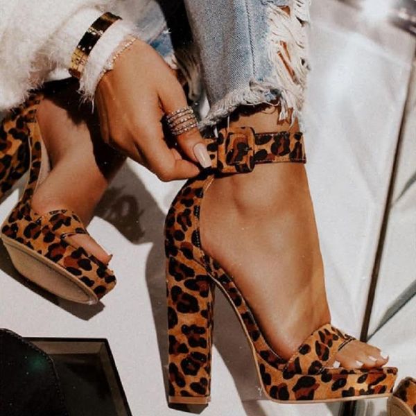 

summer women leopard sandals gladiator block high heels platform ladies shoes open toe buckle strap rome, Black