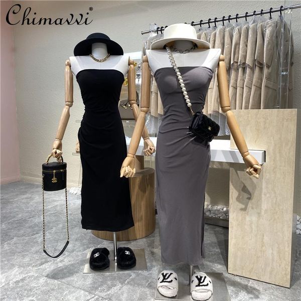 

casual dresses strapless dress 2021 elegant solid color pleated slim bottoming fro women female dinner, Black;gray