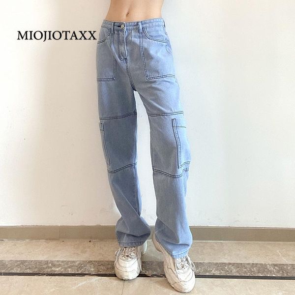 

women's jeans miojiotaxx high waist in spring autumn 2021 stitched personalized straight pants leisure trousers woman y2k, Blue