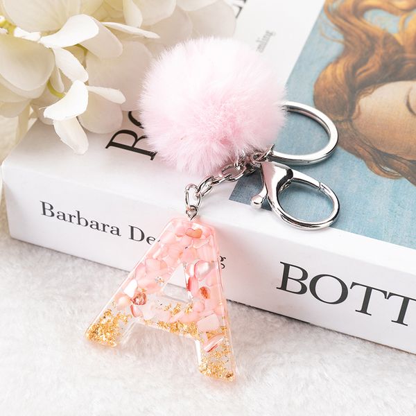 

Pink Pompom Letter Keychain English Alphabet Keyring with Puffer Ball Glitter Gradient Resin Car Mirror Handbag Charms