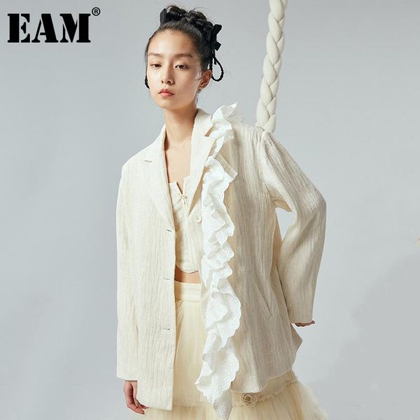 

[eam] women beige removable lace big size blazer new notched long sleeve loose jacket fashion tide spring autumn 2021 1dd5716, White;black