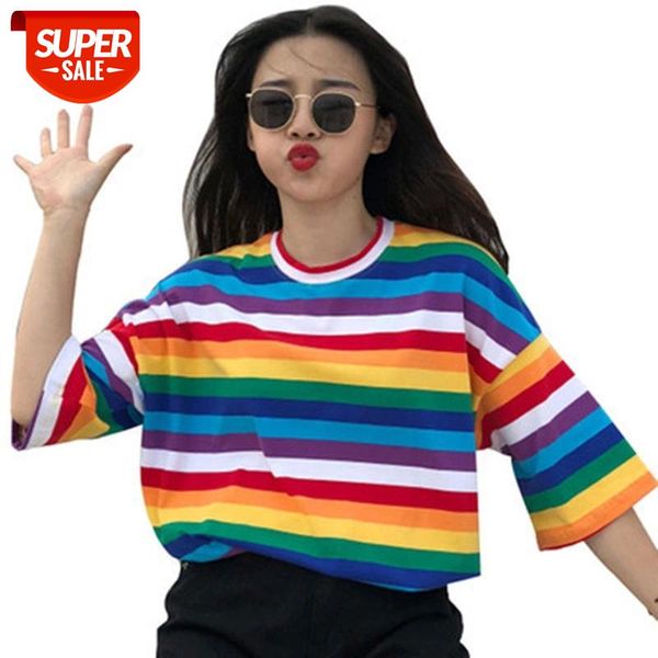

new t shirt women rainbow striped harajuku tshirt 2019 summer short sleeve korean punk t-shirt camiseta feminina #xs7f, White