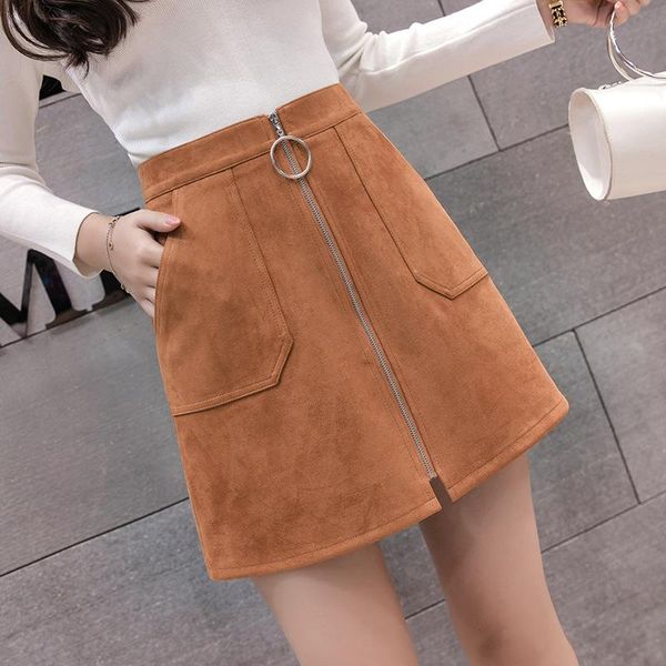 

black elegant office lady solid color front zipper mid high waist skirts spring winter women suede leater package hip skirt