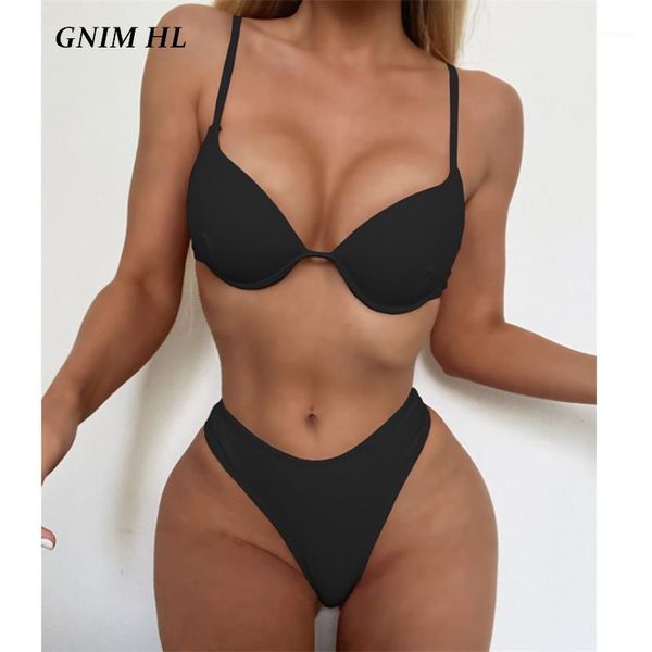 

women's swimwear gnim three-pieces solid women push up sport swimsuit bikini mujer 2021 cover drawstring beachwear swim suit, White;black