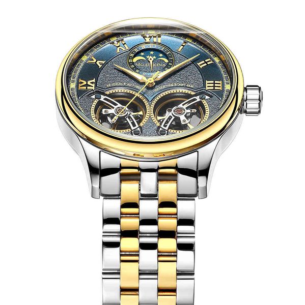 

fashion men sun moon phase mechanical watches fire luxury fully steel double tours automatic reloj hombre, Slivery;brown